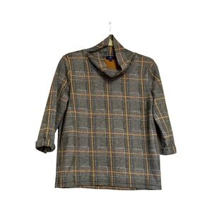 TOM‎ TAILOR COWL NECK TUNIC TOP BLACK WHITE YELLOW TARTAN PLAID MEDIUM